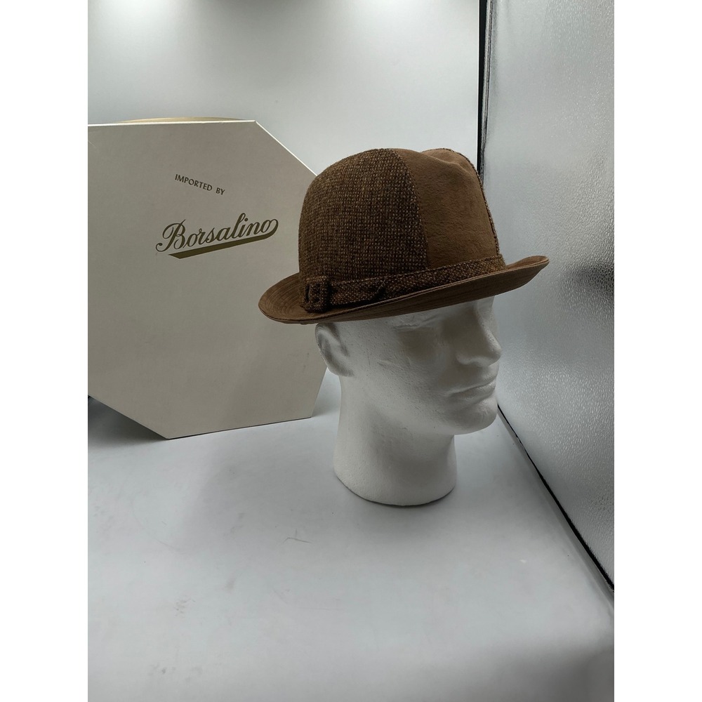 Borsalino 7 1/8 Brown Suede and Woven Fedora Hat with Original Box Made in Italy